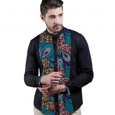 Patchwork Men African Print Shirts Fashion Stand Collar Male Long Sleeve Tops Africa Festivel Dashik
