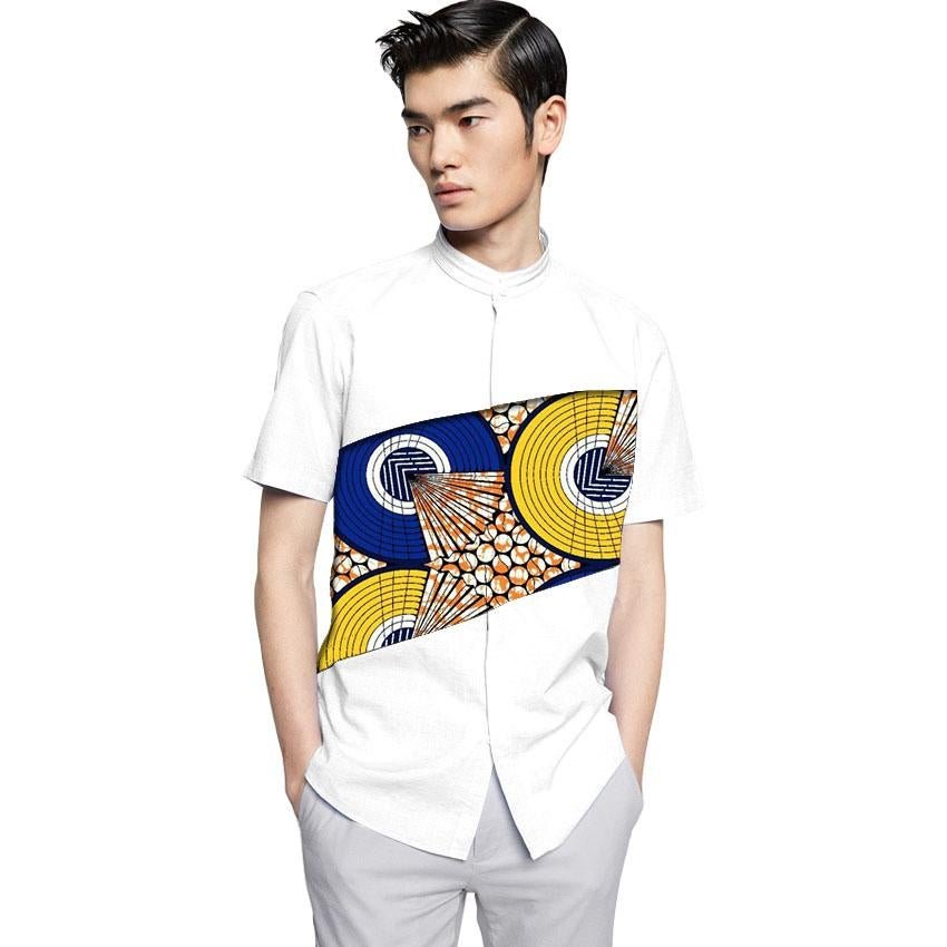 Fashion African Mens Tops Dashiki Clothes African White cotton+Print Patchwork Short Sleeve Man Afri