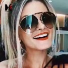SHAUNA Oversize Double Bridges Women Round Sunglasses Vintage Men Blue Tinted Mirror Lens Glasses