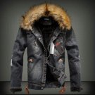 ABOORUN 2017 Mens Denim Jacket with Fur Collar Retro Ripped Fleece Jeans Jacket and Coat for Autumn 