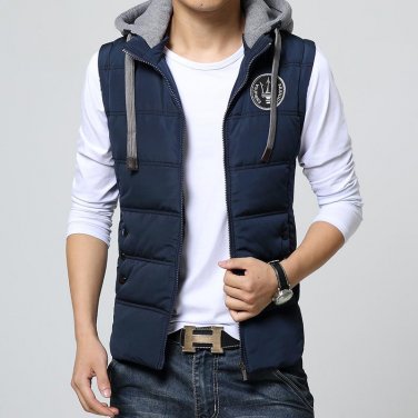Men\'s Sleeveless Vests Jackets 2017 New Autumn Winter Cotton Wadded Hooded Vest Fashion Male Warm V