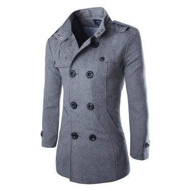England Style Men Autumn Winter Double Breasted Button Stand Collar Woolen Coat Fashion Business Man