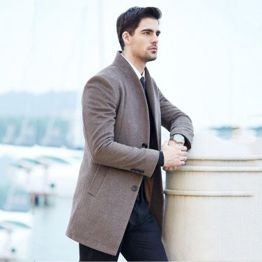 New Winter Long Wool Coat Men Plus Size Stand Collar Casual Erkek Mont Worsted Slim Mens Wool Long T