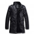 Black Locomotive Mens Leather Trench Coat Long Section Lining Faux Fur Slim Fit Jacket Winter Fleece