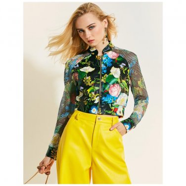 Floral Mock Neck Polyester Black Bomber Jacket