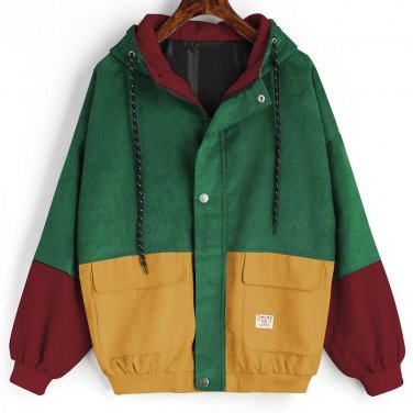 Women Long Sleeve Corduroy Patchwork Oversize Jacket Windbreaker Coat Overcoat