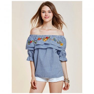 Blue Plaid Boat Neck Blouse