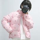 Winter Women Cotton Parkas Short Padded Jacket with All Over Heart Print Pink Puffer Jackets Fashion