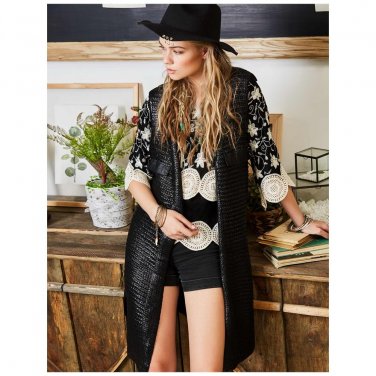 Deep V Neck Polyblend Cold Shoulder Black Gilet
