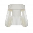 Pure Color Boat Neck Bishop Sleeve White Day Top
