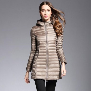 AKITSUMA Long Down Jacket Women Winter Down Coats Ultra Light Down Jacket Quilted Hooded Coat