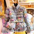 Newest Women Flower Printed Cotton Wadded Jacket Coat Winter Lantern Sleeve Rabbit Fur Patchwork Pri