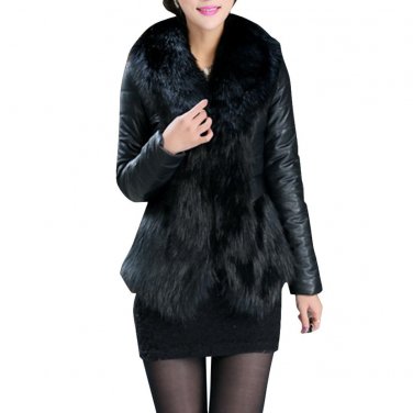 Faux Fur Coat PU Leather Fox Fur Overcoats Elegant Women Winter Outwear Stand Collar Fourrure Femme 
