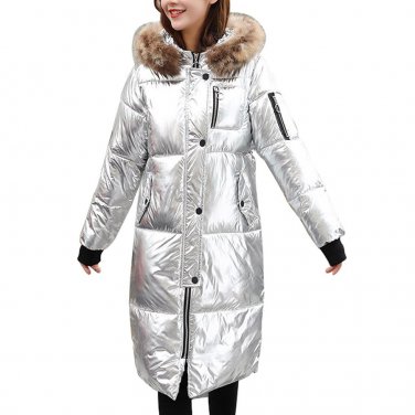 Winter Fashion Silver Down Jacket Female Parkas Street Zipper Long Sleeve Winter Coat 2017 Women War