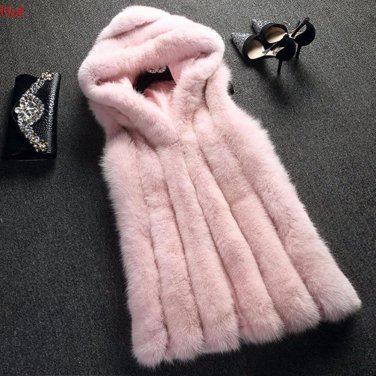 Top Luxurious Women Winter Vests Fashion Hood Jacket Sleeveless Warm Waistcoat Faux Fox Fur Vest Coa