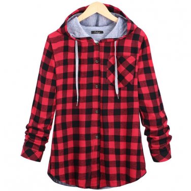 Women Buffalo Plaid Jacket Single Breasted Hooded Loose Basic Jacket Autumn Winter Coat Chaqueta Muj