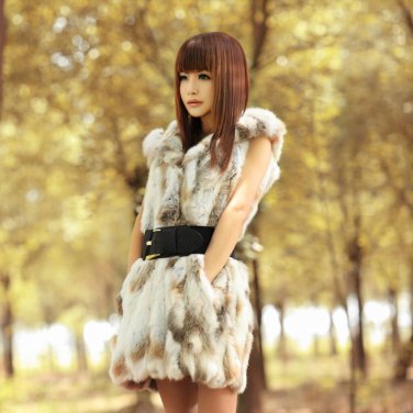 Women Rabbit Real Fur Vest Coats Winter Hot Sale Fur With Hat Fashion Outwear High Quality Long Casu