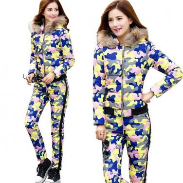 2017 New Winter Jacket Suit Autumn Warm Plus Size Camouflage Slim Hoodes Parka Coat + Pants 2 Piece 