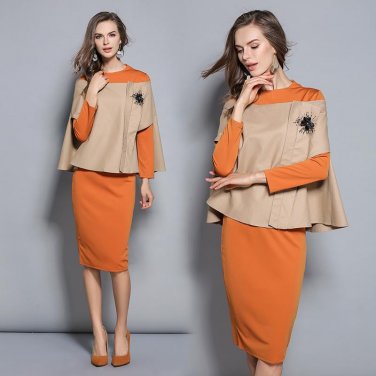 Autumn Winter New Bat Sleeve Outside Show Thin Women Jacket Coat Buttocks Long Dress Female Suit Set