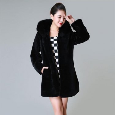 2017 Winter Overcoat Fake Fur Plus Size XXXL Long Coat Women basic coats Hooded fourrure Black Warm 