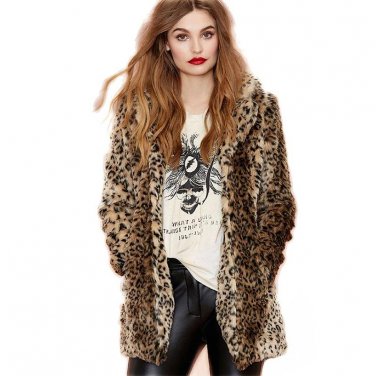 HONGZUO 2017 Winter New arrival Women Leopard Fur Coat Long-sleeve Turn-down Collar Faux Fur Coats J