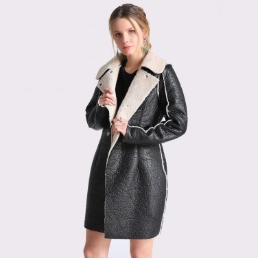 Women\'s Autumn Winter Long Leather Jackets 2017 Long Sleeve Black Artificial Leather Lamb Wool Warm