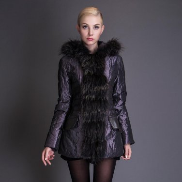 BASIC EDITIONS 2016 Winter Slim Coat Metallic Silk Fabric With Raccoon Fur Collar Cotton Jacket Spli