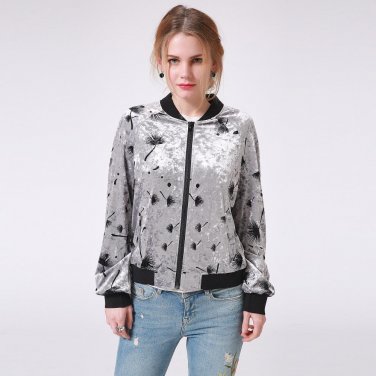 Autumn Women Velvet Jacket Fall Print Zipper Basic Coat Woman Winter Coats And Jackets Female bomb F