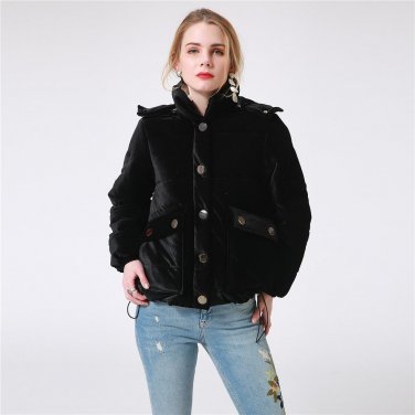 Women Velvet Winter Down Jacket Thick Hooded Black Ladies Padded Jacket Casual Short Female Outwear 