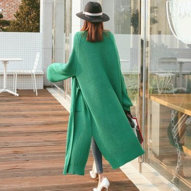 New Autumn Winter Solid Open Stitch Fashion Loose Women Sweater Long Knitted Cardigans Plus Size Fas