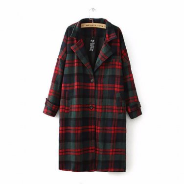 Autumn Winter Wool Coat Women Classic Blends Red Green Plaid Long Jacket Coat Female Raincoat Outerw