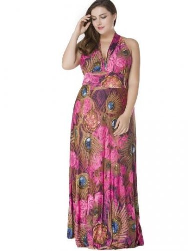 Plus Size Peacock Pattern Women\'s Maxi Dress