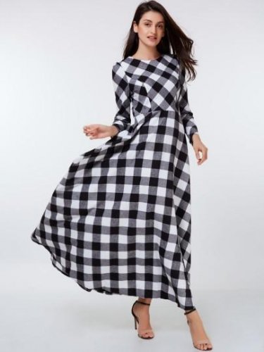 Long Sleeve Plaid Pockets Women\'s Maxi Dress (Plus Size Available)
