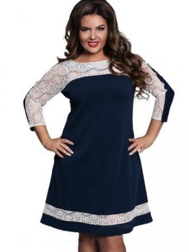 Plus Size Lace Patchwork 3/4 Sleeve Women\'s Day Dress