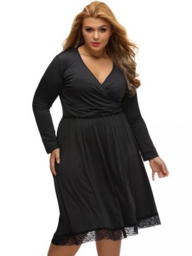 Black V Neck Long Sleeve Women\'s Plus Size Dress