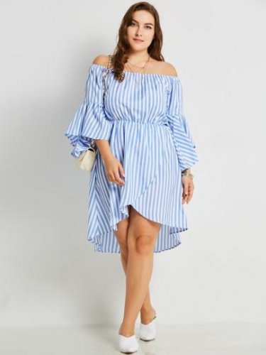 Slash Neck Plus Size Striped Women\'s Day Dress