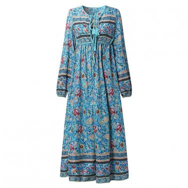 Boho Women Flower Print Chiffon Dress Casual Beach Vacation Midi Dress Ladies Lace Up Deep V Neck Se