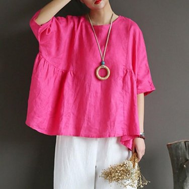 Autumn Women Plus Size Shirt 2017 Half Sleeve Asymmetric Retro Blouses Casual Female Round Neck Vint