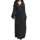 Women Long Maix Dress Autumn Winter Long Sleeve Deep V Neck Waist Belt Elegant Dress Gown Oversized 