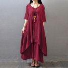 Vintage Women Summer Dress 2017 Celmia Plus Size Cotton Linen Bottons V Neck Loose Maxi Long Party D
