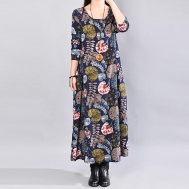 Plus Size Women Maxi Long Dress 2017 Cotton Linen Vintage Boho Print Long Sleeve Feminino Dresses Ca