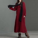 Hot Celmia Cotton Linen Plus Size Mid-Calf Dress Long Sleeve Round Neck Retro Buttons Pockets Split 