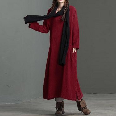 Hot Celmia Cotton Linen Plus Size Mid-Calf Dress Long Sleeve Round Neck Retro Buttons Pockets Split 