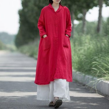 Oversize Cotton Women Long Maxi Dress Plus Size Long Sleeve Turndown Collar Vintage Button Long Loos
