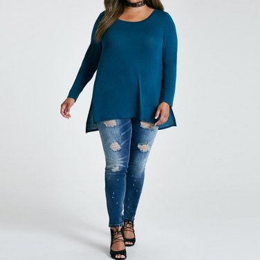 Plus Size Women 2017 Long Sleeve Irregular Hem Loose Solid Tops Basic Blusas Autumn Crew Neck Casual