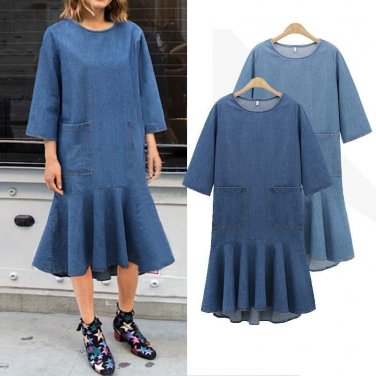 Plus Size 2017 Autumn Women Retro Denim Dress Casual Loose Solid O Neck 3/4 Sleeve Elegant Pockets R
