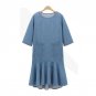 Plus Size 2017 Autumn Women Retro Denim Dress Casual Loose Solid O Neck 3/4 Sleeve Elegant Pockets R