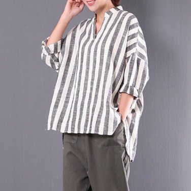 CELMIA Casual V Neck Long Sleeve Loose High Low Blouse Women Autumn Retro Baggy Cotton Linen Striped