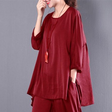 2018 Spring New Women Shirt Soft Smooth Blusas Top Black Red Blue Round Neck Long Sleeve Irregular L
