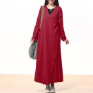 2017 Fashion Autumn Women Pockets V Neck Long Sleeve Retro Split Hem Cotton Linen Long Dress Baggy V
